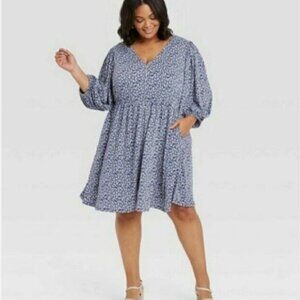 Ava & Viv -- Blue Floral Long Sleeve V-Neck Midi Dress